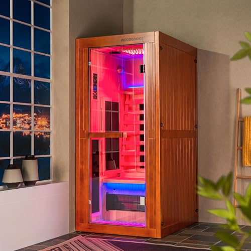 Woodbridge Infrared Home Sauna Room 1 Person Japanese Cedar Indoor Sauna with 7 Carbon Heaters, Red Light Therapy, Bluetooth Speaker, Intelligent Control Panel, Tempered Glass & Top Vent WOODBRIDGE