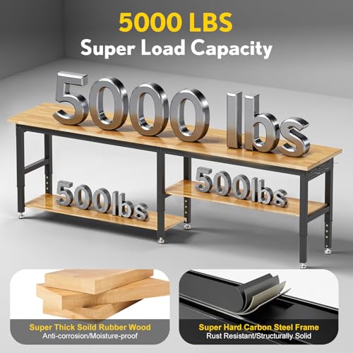 96” Adjustable Work Bench, 2-Layer Heavy Duty Workbench, 6000 LBS Capacity Workbench with Pegboard & Power Outlet, Rubber Wood Work Table for Garage, Office, Workshop, Home FIXCHIGO