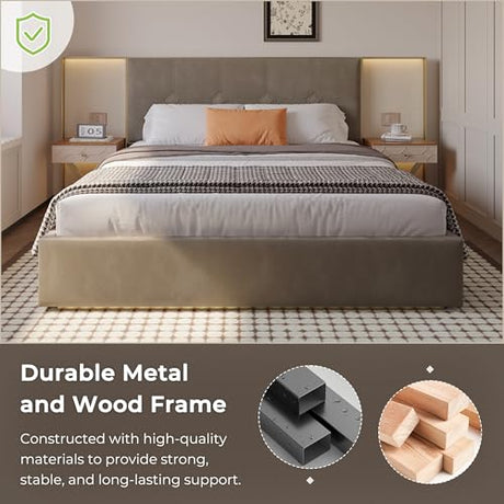 Olodumare Luxury Modern Bed Frame with Velvet Headboard, 2 LED Lights & Floating Nightstands, King, Coffee | Sturdy Wood & Metal Platform Bed, No Box Spring Needed Olodumare