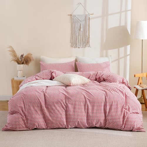 TOCOMOA Red Gingham Duvet Cover Bedding Set 100% Washed Cotton Like Linen Feel Super Soft Comfortable 3 Piece Cute Plaid Checkered Comforter Cover Set (Queen 90"x90", Comforter Not Included) TOCOMOA