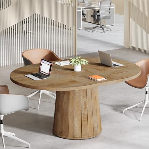 Tribesigns Oval Conference Table, 55.11 Inches Wood Meeting Table for 6 People, Rustic Meeting Seminar Boardroom Table with Wood Base for Office Conference Room (Light Brown) Tribesigns