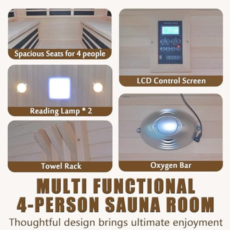 DWKWE 3-4 Person Hemlock Wood Indoor Far Infrared Home Sauna - 11 Low EMF Carbon Heaters, Bluetooth Speakers, Chromotherapy, Tempered Glass Door (220V, 2880W, for Home Gym & Family Relaxation) DWKWE