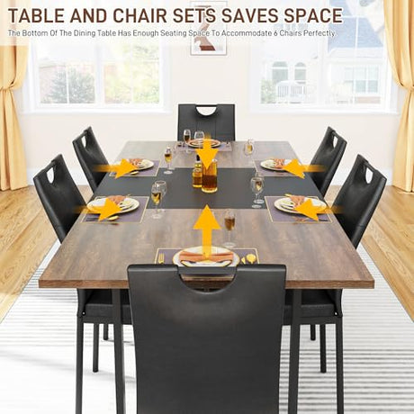 chartustriable 7PCS Dining Table Set for 4 5 6 People, 71" Large Long Wooden Kitchen Table with 6 Chairs (Brown+Black, 71IN Table+6 PCS Chairs) chartustriable