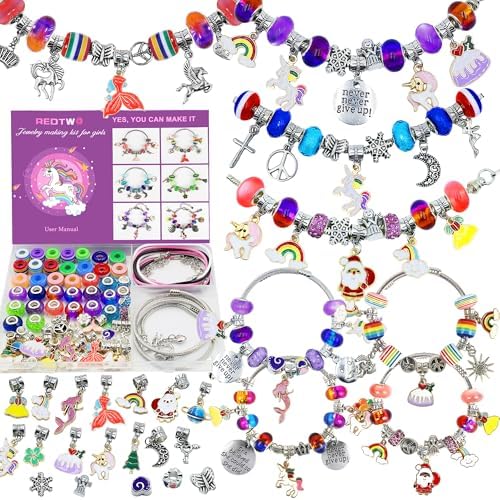 Redtwo Charm Bracelet Making Kit for Girls, Toys Jewelry Making Kit for Girls 8-12 Unicorn Gifts for Teen Girls Age 6-8, Arts and Crafts for Kids Ages 6 7 8 9 10 11 12 13 Birthday Redtwo