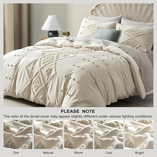 Oli Anderson Tufted Duvet Cover Queen Size, Soft and Lightweight Duvet Covers Set for All Seasons, 3 Pieces Boho Embroidery Shabby Chic Bedding Set (Beige, Queen, 90" x 90") Oli Anderson