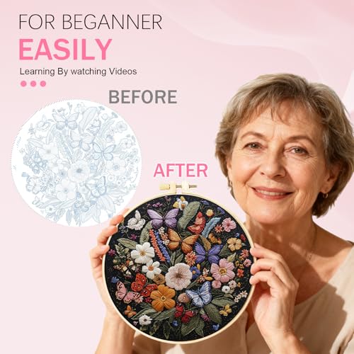 Huacan Embroidery Kit for Beginners Adults Includes Stamped Flowers Butterfly Pattern, Hoop, Color Threads,Tools,Easy to Follow Instruction