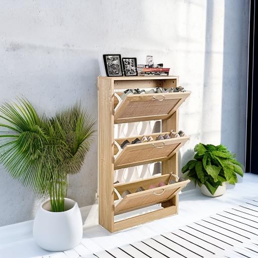 HOPUBUY Shoe Cabinet for Entryway, Narrow Shoe Storage Cabinet, Hidden Rattan Shoe Cabinet Wood 3 Tier Slim Shoe Rack for Home and Apartment, Nature