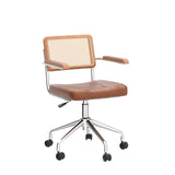 Zesthouse Modern Home Office Chair Leather Desk Chair with Natural Rattan Back, Vanity Chair for Girls Women, Upholstered Tufted Swivel Armchair, Height Adjustable Computer Task Chair Zesthouse