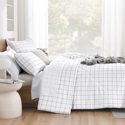 Andency Twin Comforter Set, White Gingham Plaid Grid Checkered Twin Bed Comforter Set for Dorm Boys Girls Teens Kids, 2 Pieces Lightweight Reversible Preppy Bedding Sets(66x90 Inch) Andency