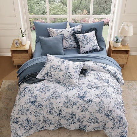 BLOOMHAVEN Queen Comforter Set -7 Pieces Floral Blue Comforter Set for All Seasons, Bed in a Bag Queen with Botanical Flowers Comforter, Sheets, Pillowcases & Shams BLOOMHAVEN