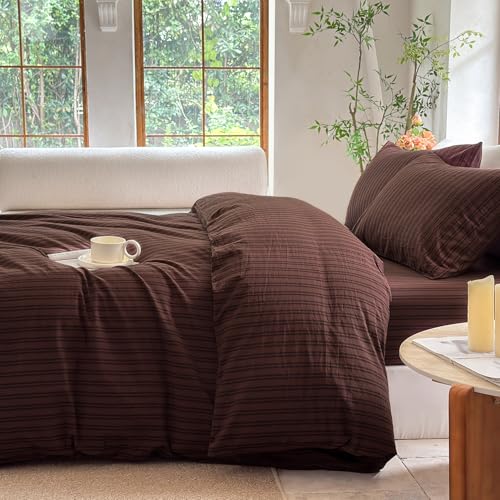 BESTDESIL Striped Duvet Cover Set 100% Washed Cotton Linen Like Soft Feelling Breathable Bedding(Pine Bark Brown/Black Strip,Full) BESTDESIL