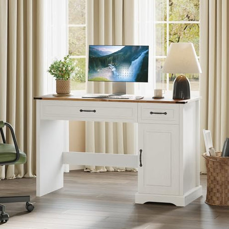IDEALHOUSE Farmhouse 47" Executive Desk, Computer Desk with Drawers and Storage Cabinet, Home Office Desk for Work and Study, Rustic Workstation Computer Desks or Bedroom, Living Room, Antique White IDEALHOUSE