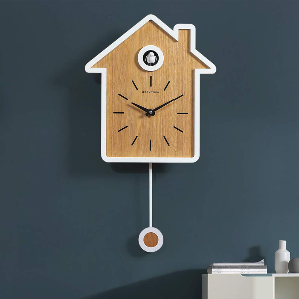 SHISEDECO Modern Cucu Wall Clock with Pendulum and Striking Small Cute Bird, Natural Cuckoo Call, Simple Fashion Wood Creative Unique Home Decoration for Living Room, Kitchen, Office (White) SHISEDECO