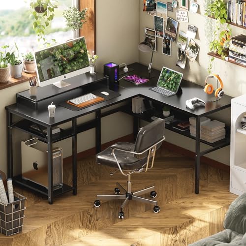 Unikito Reversible L Shaped Desk with Magic Power Outlets and Smart LED Light, Sturdy Corner Computer Desk with Monitor Stand & Storage Shelves, Gaming Table Home Office Desk, Easy Assembly, Black