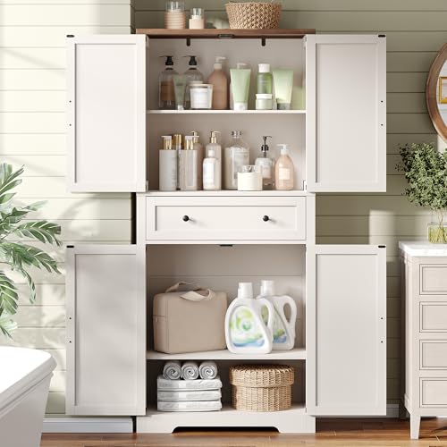 71" Tall Kitchen Pantry Storage Cabinet with Barn Doors and Shelves, White Farmhouse Linen Storage Cabinet With Drawers, Free standing Food Pantry Cabinets for Kitchen, Dining Room, Living Room Befrases