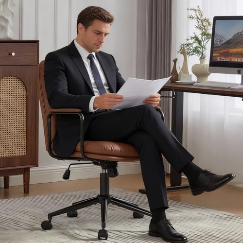 Home Office Chair with Arms, Swivel Criss Cross Chair with Wheels, Comfortable PU Leather Office Desk Chair, Ergonomic Adjustable Height Task Chair with Tilt Lock, Brown Shenyon