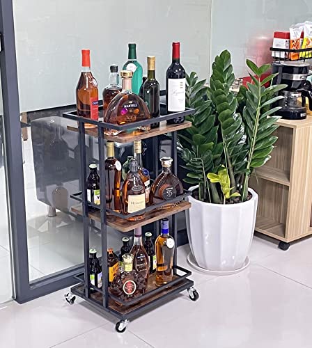 OKZEST 3 Tier Bar Cart for Home, Rolling Mini Liquor Bar for Wine Beverage Dinner Party, Utility Kitchen Storage Island Serving Cart on Wheels, Coffee Bar Cabinet for Kitchen Dining Living Ro - WoodArtSupply