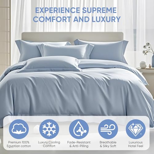 TWK 1200 TC 100% Egyptian Long-Staple Cotton Bedding Sheets Set, Luxury Hotel Style Deep Pocket with Elastic Reinforced Seams Sheet Set, Soft & Comfy Natural Sheets (French Blue, Full) TWK