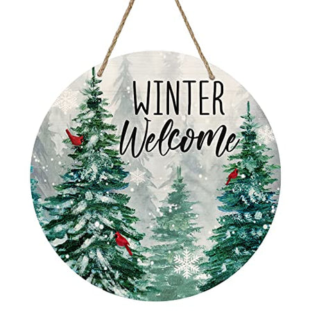 Deroro Winter Welcome Sign for Front Door Decor, Winter Farmhouse Pine Trees Cardinal Bird Wood Door Hanger for Outdoor Outside Porch, Rustic Snowflakes Wooden Wreath Wall Hanging Decoration Deroro