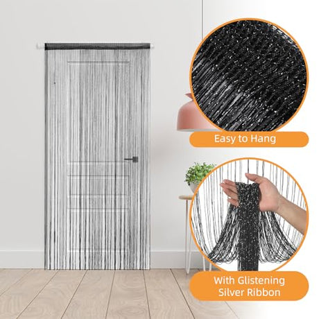 4 Pieces Glitter String Curtains Doorway Beads Curtains, 39 x 79 Inch Hanging Fringe Hippie Room Divider Door String Curtain Boho Doors Tassel for Doorways, Windows, Closet, Privacy Decor (Black) VavoStocks