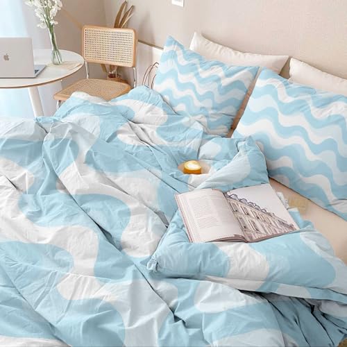 Single 61" x 79" Bedding Duvet Cover Set - Blue Minimalist Modern Wavy Printed 3 Piece Brushed Microfiber Comforter Quilt Cover with Zipper Closure for Men and Women Generic