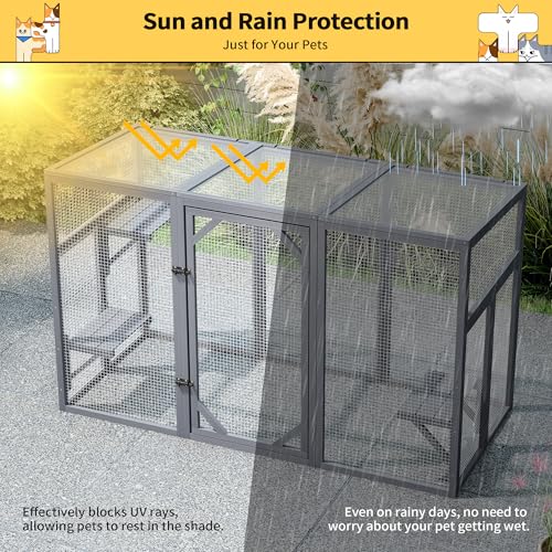 Outdoor Cat Catio House, Wooden Cat Habits with 3 Platforms, Lockable Doors, Top PC Sun Roof, Patio Yard Window Enclosures, Weatherproof, Gray Nyeekoy