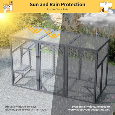 Outdoor Cat Catio House, Wooden Cat Habits with 3 Platforms, Lockable Doors, Top PC Sun Roof, Patio Yard Window Enclosures, Weatherproof, Gray Nyeekoy