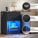 LED Nightstand with Charging Station & RFID Lock Cabinet, Modern Black Bedroom Nightstands with Drawer & Open Storage, Wooden Nightstands for Concealment, Smart Nightstand for Hidden Valuables Storage Gyfimoie