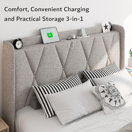 iPormis Modern Upholstered Queen Bed Frame with 4 Storage Drawers and Charging Station - WoodArtSupply