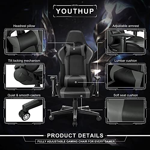 Gaming Chair with Speakers Video Game Chair with RGB LED Lights Ergonomic Racing Office Chair PU Leather Recliner Computer Chair Swivel E-Sports Chair with Lumbar Support Headrest Armrest, Black YOUTHUP