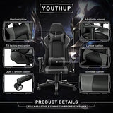 Gaming Chair with Speakers Video Game Chair with RGB LED Lights Ergonomic Racing Office Chair PU Leather Recliner Computer Chair Swivel E-Sports Chair with Lumbar Support Headrest Armrest, Black YOUTHUP