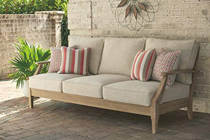 Signature Design by Ashley Clare View Coastal Outdoor Patio Eucalyptus Sofa with Cushions, Beige - WoodArtSupply