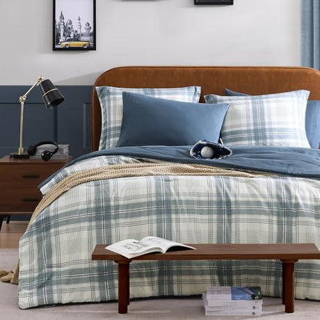 AMBERSPACE Full Size Comforter Sets, Blue Grey Plaid Bedding Set 7 Piece for Boys Girls Teen, Classic Homestead-Style Kids Comforter Set Bed in A Bag with Sheets, Pillowcases & Shams AMBERSPACE