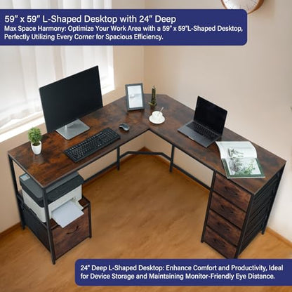 TOPSKY L-Shaped Desk Corner Computer Desk with 18.9" Depth Workstation, Cloth File Cabinet for Letter Size File Folder and 4 Cloth Storage Cabinets (Rustic Brown, 59 * 59 inch) - WoodArtSupply