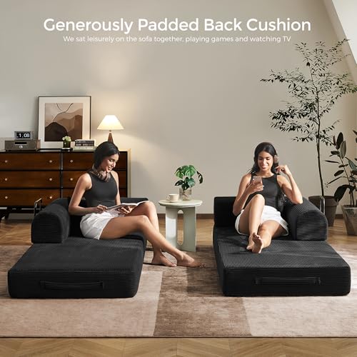 79" Convertible Sofa Bed with Fixed-Shape Frame & Removable Armrests, Modular Corduroy Sleeper Sofa, Folding Mattress Couch for Small Spaces - No Assembly Needed in Black (Includes 2 Pillows) SAVENICA