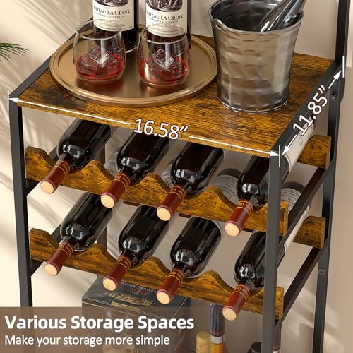 5-Tier Wine Rack Freestanding Floor, Liquor Bar Stand with Glasses Holder and 4 S Hooks, Corner Mini Bar Cabinet for Small Space, 8 Bottles Wine Bar Cabinet for Home, 11.81"D x 16.53"W x 53.55"H