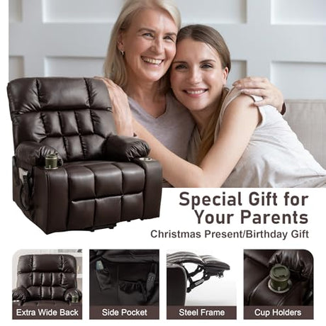 RHHVVR Oversized Power Recliner Chair for Big and Tall 400 LBS, 25.5" Extra Wide Electric Lift Chair with Heat and Massage, Dual Motor 180° Lay Flat Recliner Living Room Sofa, PU Leather Big Recliner RHHVVR