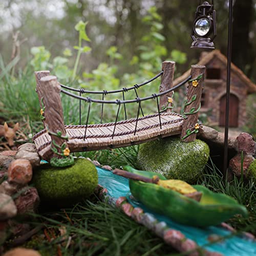 Treasure Gurus Rope Wooden Bridge Outdoor Fairy Garden Ornament Miniature Dollhouse Decor Accessory - WoodArtSupply