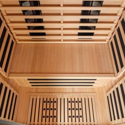 WOODBRIDGE Infrared Home Sauna Room 2 Person Hemlock Wooden Indoor Sauna,7 Carbon 1980W/120V Heaters,with Led Color Therapy Light,Bluetooth Speaker,Tempered Glass,Touch-Tone Keypad and A Top Vent