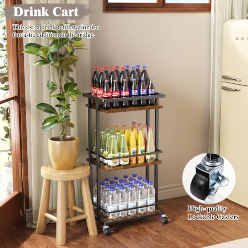 OKZEST 3 Tier Bar Cart for Home, Rolling Mini Liquor Bar for Wine Beverage Dinner Party, Utility Kitchen Storage Island Serving Cart on Wheels, Coffee Bar Cabinet for Kitchen Dining Living Room, Brown OKZEST