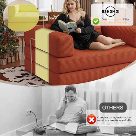 BSHOMGI Folding Sofa Bed, 4 in 1 Convertible Sofas to Lounger Comfy Single Bean Bag Chair Floor Portable Foldable Sleeper Lazy Futon Couch Chair for Bedroom, Living Room (Orange, 53.15" Double Sofa) BSHOMGI