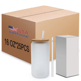 ZREGGUR 25 packs 16oz Sublimation Glasses with Bamboo Lid and straw,Can Shaped Glass Cups, Beer Glasses, Iced Coffee Glasses, Cute Tumbler Cup, Ideal for Cocktail, Whiskey （Frosted） ZREGGUR