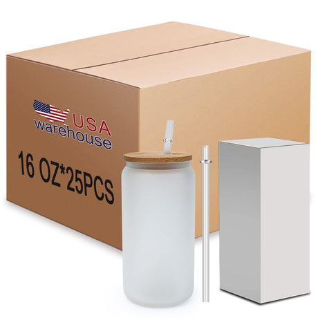 ZREGGUR 25 packs 16oz Sublimation Glasses with Bamboo Lid and straw,Can Shaped Glass Cups, Beer Glasses, Iced Coffee Glasses, Cute Tumbler Cup, Ideal for Cocktail, Whiskey （Frosted） ZREGGUR