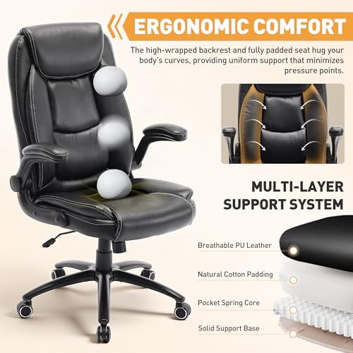 MALOL Ergonomic PU Leather Office Chair with Flip-Up Armrests & Reclining Backrest, 300lbs Thick Padded Seat Executive Desk Chair-Adjustable Height & Tilt Tension, Brown, Black MALOL