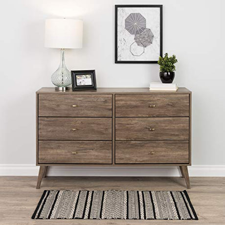 Prepac Milo Mid-Century 6 Drawer Dresser For Bedroom, 16" D x 52.25" W x 33" H, Drifted Gray Prepac