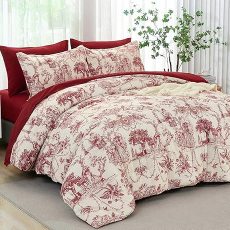 Xruibed Red Comforter Set King 7 Piece Bed in a Bag Toile de Jouy Botanical Comforter with Sheet Set Soft Micorfiber Bedding Set (1 Comforter,2 Pillow Shams,1 Flat Sheet,1 Fitted Sheet,2 Pillowcases) Xruibed