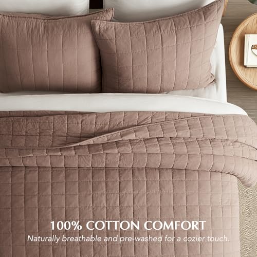 EVERGRACEHOME 100% Cotton Box Stitch Quilt Bedding Set King Size 3 Pieces, Garment-Washed Lightweight Soft Cozy Coverlet, Oversized Quilted Bedspread Sets with 2 Shams for All Season, Clay EVERGRACEHOME