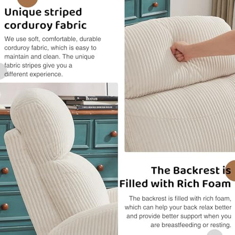 AEMEIOS Power Nursery Glider Recliner, Swivel Glider Recliner with USB & Type-C Port, Swivel Reclining Nursery Rocker with Double Pockets for Living Room, White,Corduroy AEMEIOS
