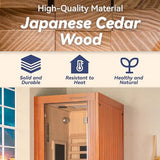 Woodbridge Infrared Home Sauna Room 1 Person Japanese Cedar Indoor Sauna with 7 Carbon Heaters, Red Light Therapy, Bluetooth Speaker, Intelligent Control Panel, Tempered Glass & Top Vent WOODBRIDGE