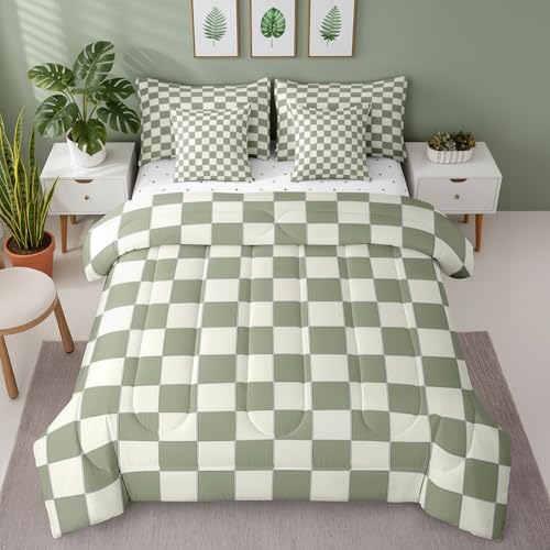 Erosebridal Plaid Full Comforter Set 7 Piece Beige Sage Green Checkerboard Bed in A Bag with Sheets Geometric Checkered Bedding Set for Kids Boys Girls,Aesthetic Grid Bed Set Erosebridal